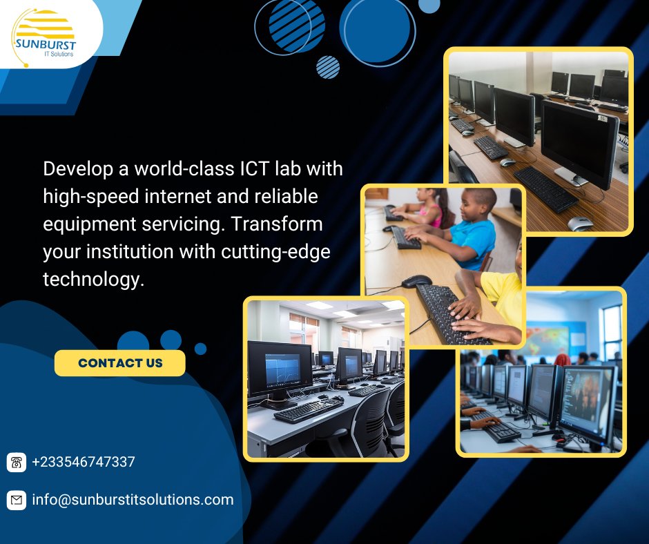 SunburstIT's tweet photo. At SITS, we specialize in developing world-class ICT labs for educational institutions. Our services include high-speed internet installation and comprehensive ICT equipment servicing, ensuring your students and staff have access to cutting-edge technology and reliable support. https://t.co/tBDDE4pB1k