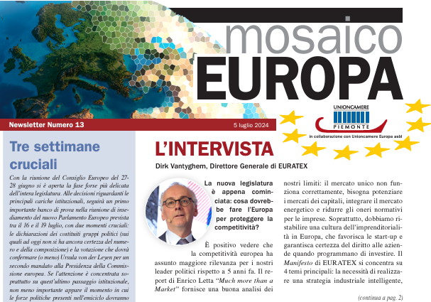 On line il nuovo numero di Mosaico Europa, la newsletter quindicinale focalizzata sui temi europei di interesse per le #imprese a cura di #Unioncamere #Europa.

L'intervista di copertina è dedicata a <a href="/DirkVantyghem/">Dirk Vantyghem</a> Direttore Generale di <a href="/euratex_eu/">EURATEX</a> 🆕

➡️pie.camcom.it/europa/sede-di…