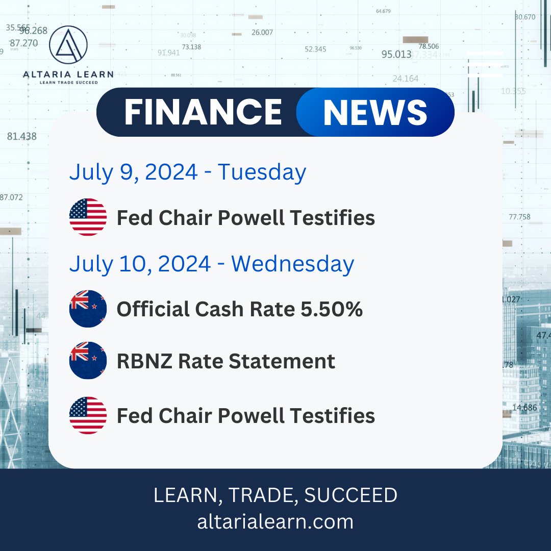 AltariaLearn's tweet photo. 🌟 Finance News Update! 🌟
🗓️ July 9, 2024 - Tuesday
🇺🇸 Fed Chair Powell Testifies
🗓️ July 10, 2024 - Wednesday
🇳🇿 Official Cash Rate 5.50%, RBNZ Rate Statement
🇺🇸 Fed Chair Powell Testifies
Stay ahead in the game and make informed decisions! 📈
#FinanceNews #AltariaLearn https://t.co/aPQpILMIpW