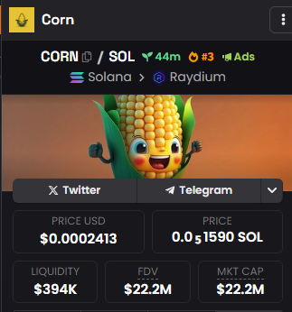 CornSolanas's tweet photo. ๐ฅ Corn is trending in the top 3 on Dexscreener! The excitement is real, and we're making history. Don't miss your chance to be part of the top 3 trend on Dexscreener. #CornToken #Top3 #Dexscreener https://t.co/EgxFcCO2zV