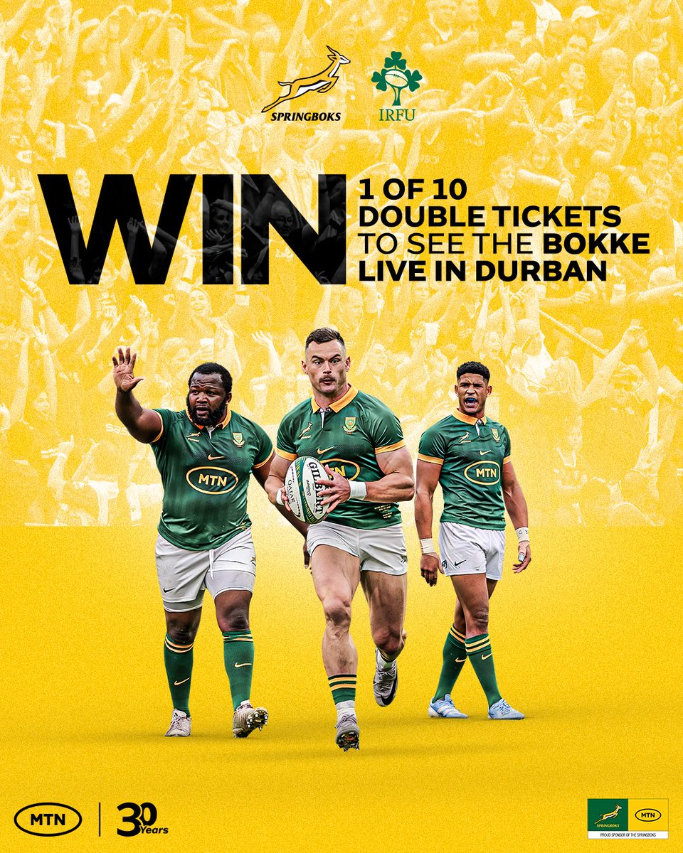 MTN_Rugby's tweet photo. Witness the deciding Test of the series LIVE!🇿🇦🇮🇪

✍️To enter: 
🏷Tag a friend in the comments
🔄RT this post.

🚨Competition only available to KZN residents🚨

T&amp;Cs Apply.

#MTNSpringboks24 #30YearsOfProgress https://t.co/Ep6WKjJehU