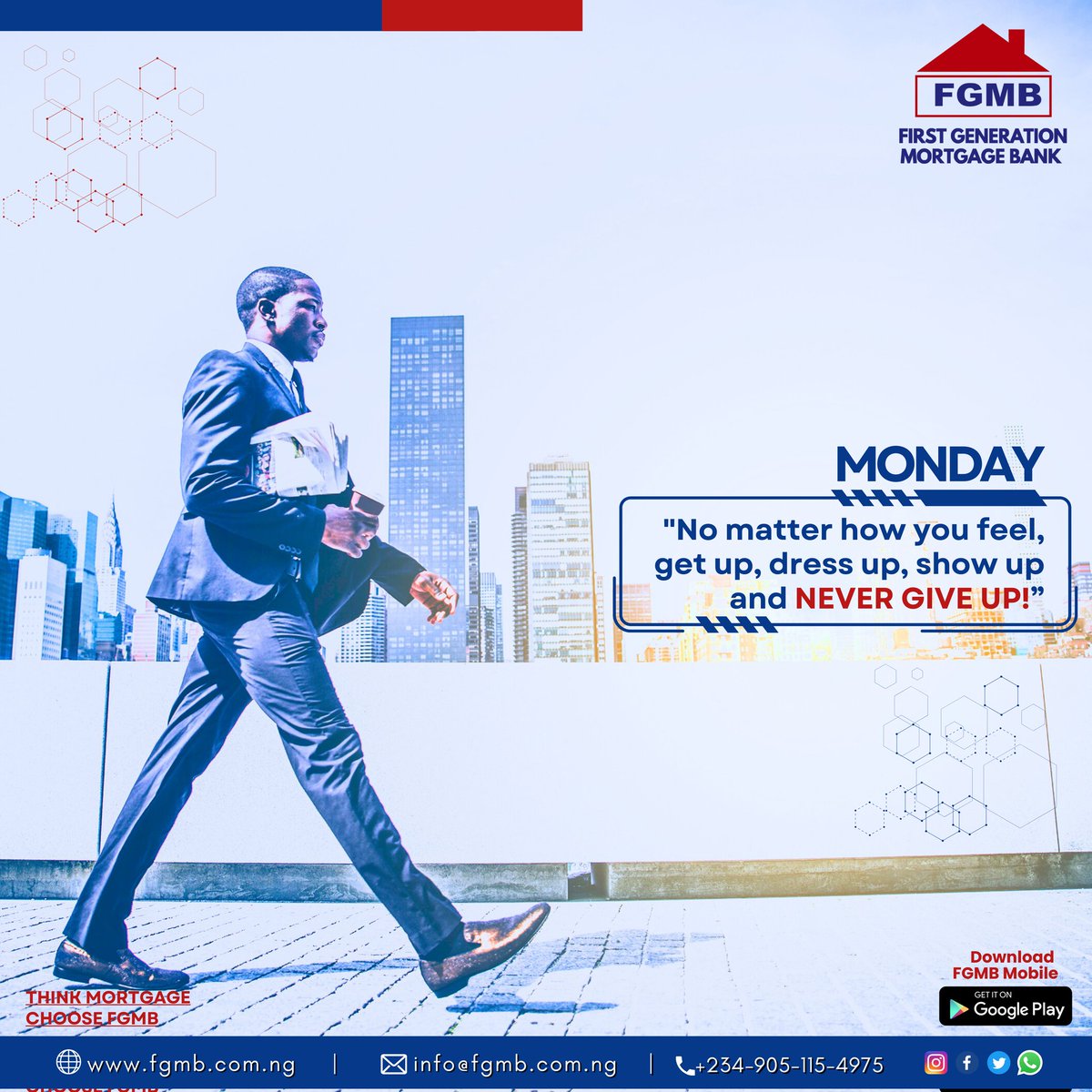 fgmbng's tweet photo. It's a new week. Wake up, dress up, keep pushing forward and never lose sight of your goals. ๐ช.
Think Mortgage
Choose FGMB
#fgmb #mondaymotivation #nevergiveup #keepmoving #mortgagebanker #realestatefinancing #mortgagememes https://t.co/RwlEz3bAcm