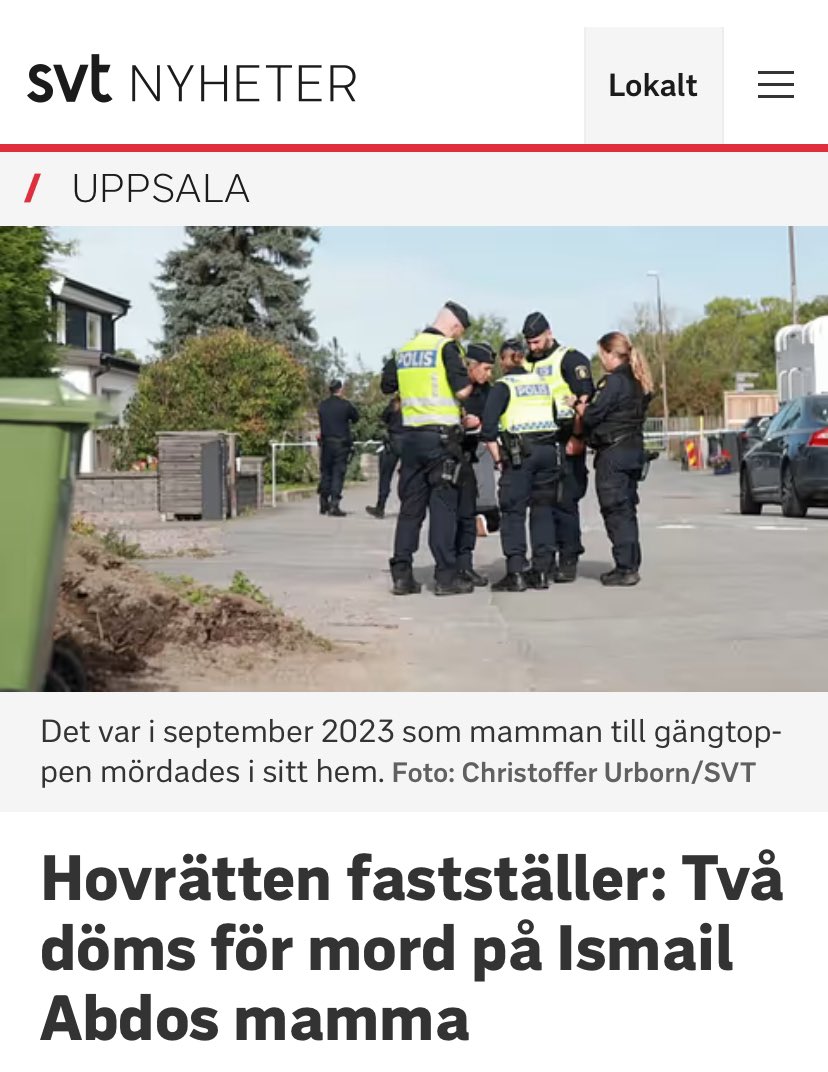 Svea hovrätt fastställer domen efter att Ismail Abdos mamma sköts till döds i september i fjol. En 20-åring och en 16-åring döms för mordet. Ytterligare tre personer döms för brott kopplade till händelsen.