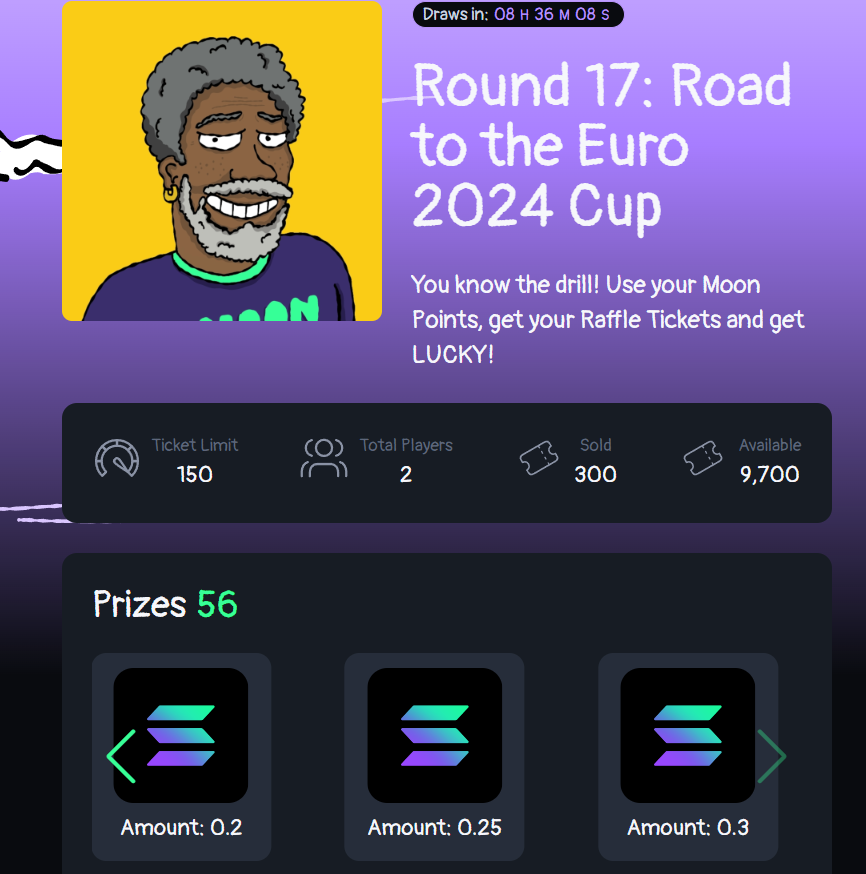 FreeMoonMeme's tweet photo. Are you ready for Round 17? 🕹️🎱

56 different prizes are up for grabs include a total of 1 $SOL, $MOON Tax, #NFT Traits, 84K $ITA, 100K $PROTUGAL and much more ‼️ Get your Raffle Tickets now till supply lasts 🎟️

https://t.co/08kLmKZe8h