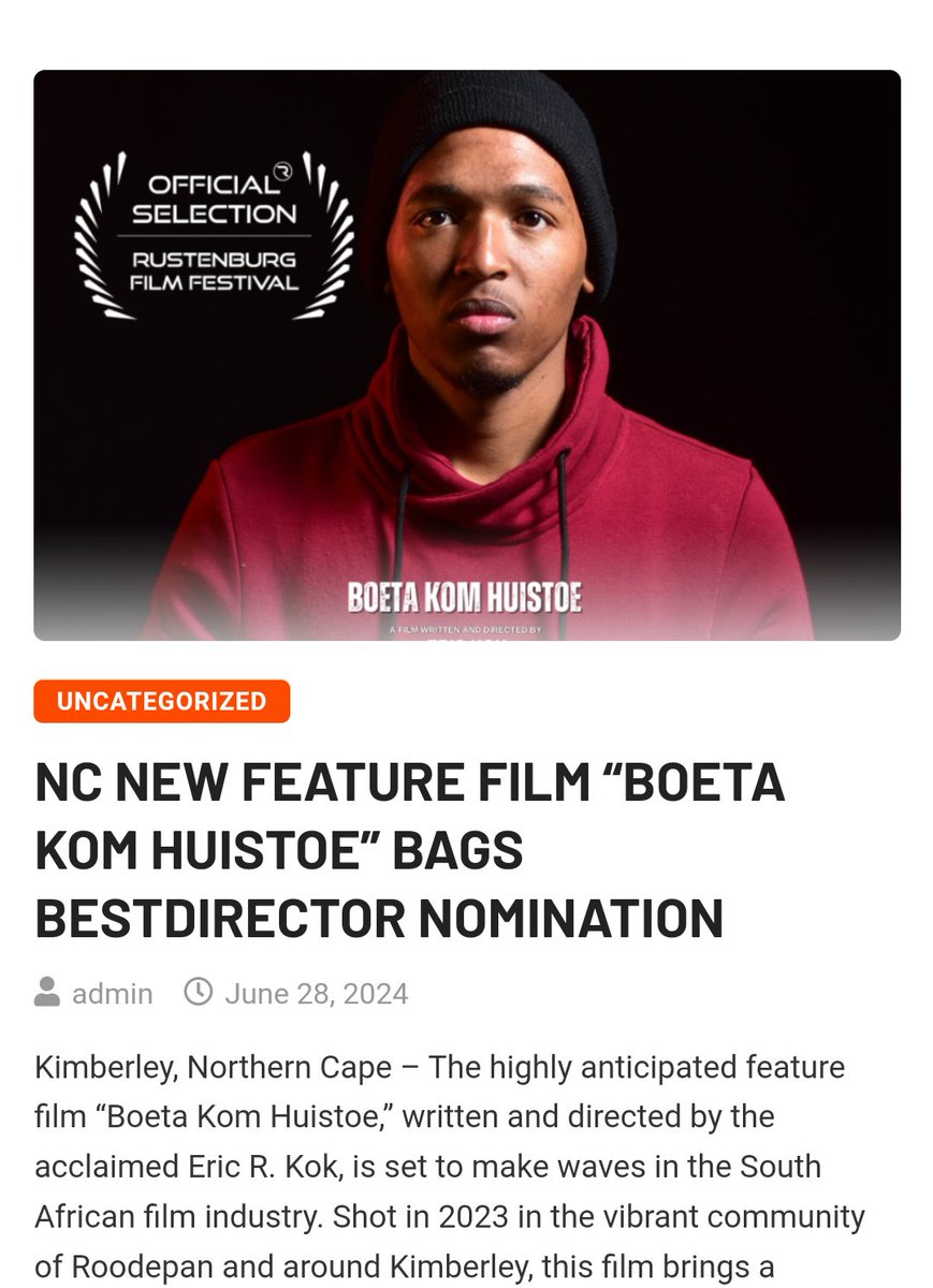 Our Afrikaans Feature Film Boeta Kom Huistoe has been nominated for Best Director in the Rustenburg Film Festival 2024!!! 
#Afrikaansfilms #NorthernCape #rustenburgfilmfestival #nationalfilmandvideofoundation #NFVF #SAACYF
<a href="/GaytonMcK/">Gayton McKenzie</a> <a href="/NCapeDSAC/">N.Cape DSAC</a> @econdevfinNC <a href="/NCProvGov/">Northern Cape Provincial Government</a>