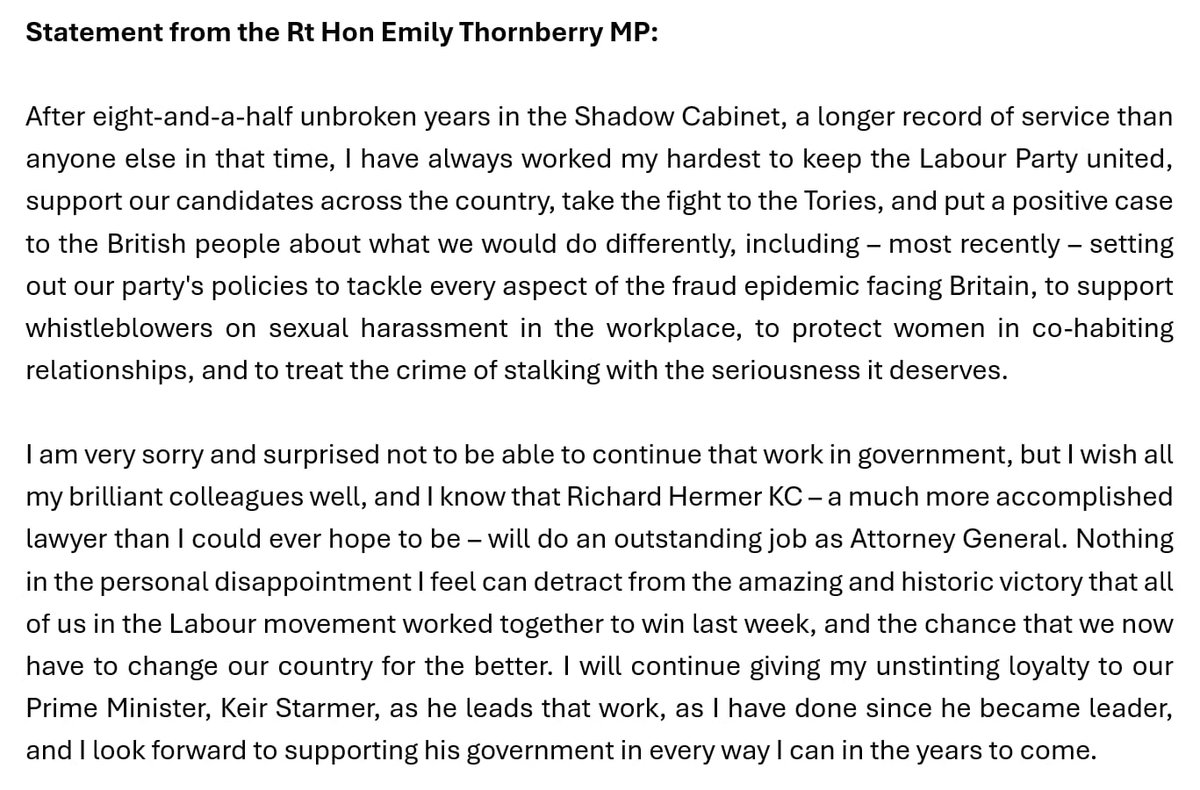 Thanks to everyone who has been in touch asking about my own future in the new Labour government. Here is my statement 👇🏽
