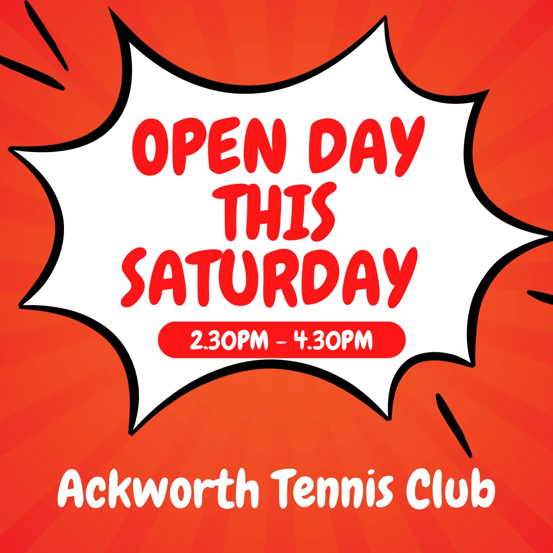 Ackworthtennis's tweet photo. Ackworth Tennis Club Open Day is this Saturday 🎾

Everyone is welcome to join us for the day and give tennis a go! Find which session is right for you and try it out. Coaches, players and committee members will be on hand to help out. So come down and join us! https://t.co/d0tm08bMXg