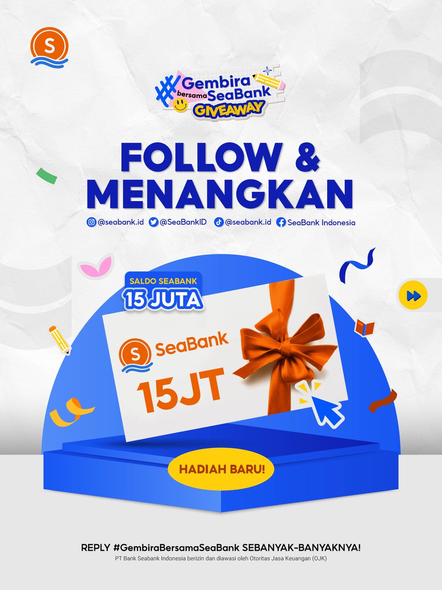 SeaBankID's tweet image. 💥 HADIAH BARU: SALDO SEABANK 15 JUTA 💥
FOLLOW &amp;amp; MENANGKAN!

Caranya cuma:
1. FOLLOW &amp;amp; LIKE semua Sosmed SeaBank
2. RT &amp;amp; REPLY "#GembiraBersamaSeaBank" serta username semua Sosmedmu

Selengkapnya CEK di slide ke 2! 🥳