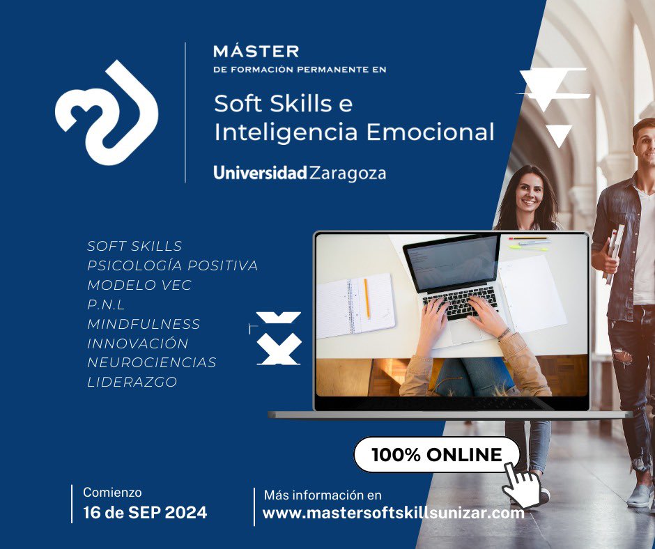 ¿Quieres mejorar tus competencias transversales o soft skills y tu inteligencia emocional?
Ya puedes reservar tu plaza en el Nuevo Master de la <a href="/unizar/">Universidad Zaragoza</a> 👉mastersoftskillsunizar.com
Máster Universitario 100% on line en directo.