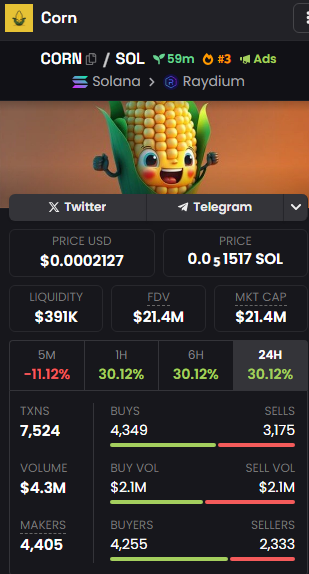 CornSolanas's tweet photo. Corn has reached a volume of 4.2m$!!!🔥

🌽Corn Dexscreener: https://t.co/bGi74ATjuz
🌽Ca: 2Tqkvk5XSmrPK6azPJBDyCRixpj8y79tQRhmyt41nBRw https://t.co/fjcTg1B8gQ