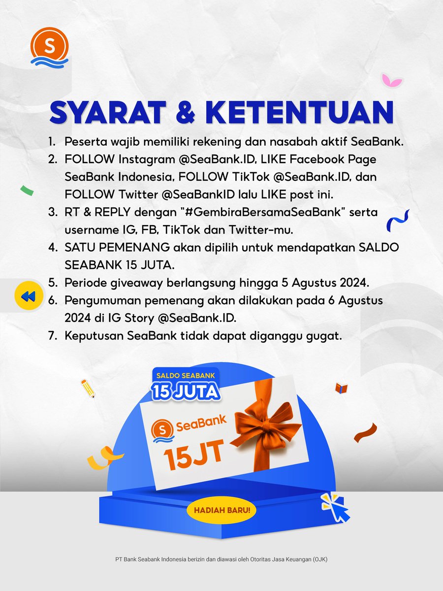 SeaBankID's tweet image. 💥 HADIAH BARU: SALDO SEABANK 15 JUTA 💥
FOLLOW &amp;amp; MENANGKAN!

Caranya cuma:
1. FOLLOW &amp;amp; LIKE semua Sosmed SeaBank
2. RT &amp;amp; REPLY "#GembiraBersamaSeaBank" serta username semua Sosmedmu

Selengkapnya CEK di slide ke 2! 🥳