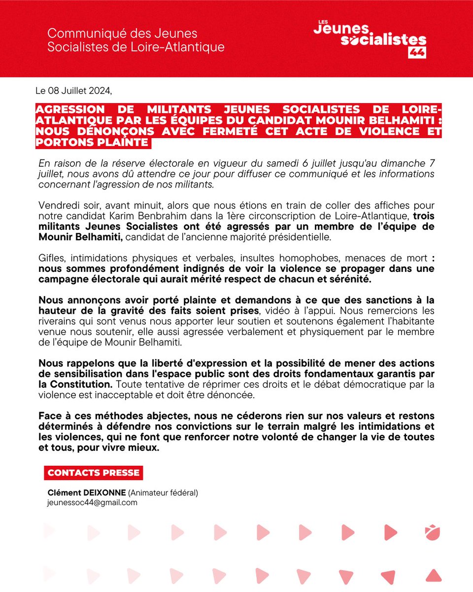 🛑Agression de militants Jeunes Socialistes de Loire-Atlantique par les équipes du candidat Mounir Belhamiti : nous dénonçons avec fermeté cet acte de violence et portons plainte !

📝Retrouvez notre communiqué de presse ⬇️