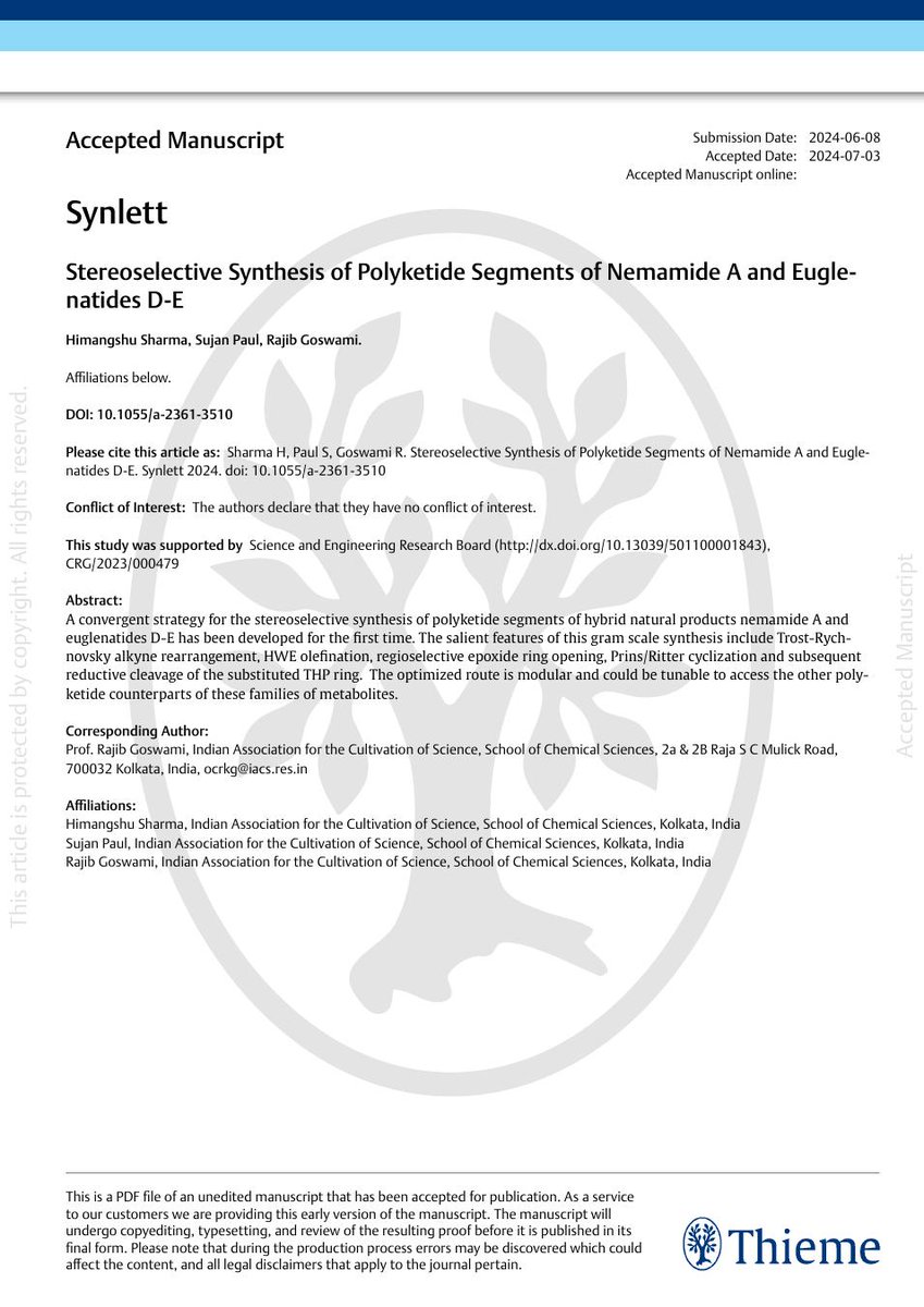 GoswamiLab_IACS's tweet image. 🎯Happy to share our journey towards synthesis of Nemamide A and Euglenatides D-E, has been published @synlett_journal : thieme-connect.com/products/ejour…
From the authers @himangshuchem @psujan1234
@RajibTotally