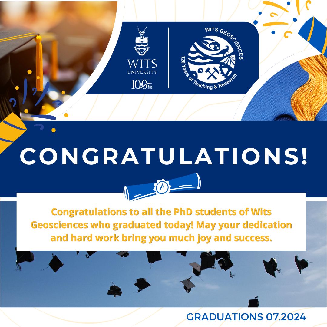 Today Wits Geosciences celebrates the PhD graduations of: 

DUMISA, Senamile Siyaya, JOGEE, Bibi Ayesha , MADUNA, Nombuso Gladys, MUTSHAFA, Ndamulelo, RAPETSOA, Moyagabo Kenneth and SIHOYIYA, Mpofana 

Congratulations! 

#graduation #wits #witsgeosciences #witsgeo120