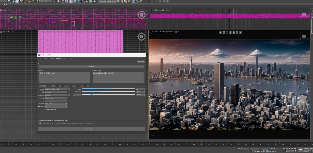 pooh0117's tweet image. tyDiffusion 　面白いかも
ボックス数個、プレーンにGreebleを用意
プロンプトに「Tokyo」打ち込んでGenerate!

ベース形状に合わせてAI東京完成
カメラマッピングされたテクスチャも生成されるんで、ちょっとならカメラも動かせる

工夫しだいでは使えるぞ！
#Tyflow 
#tyDiffusion