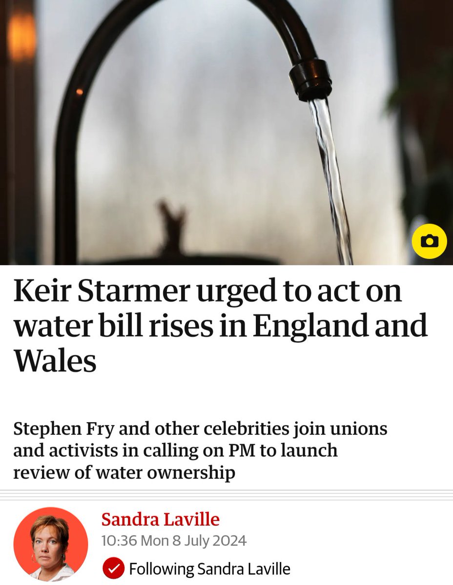 🚨 BREAKING 🚨 An open letter has called for a review of water ownership + regulation in first 100 days.

<a href="/SteveReedMP/">Steve Reed</a> has a BIG opportunity here to break with past failures.

✍️ Thanks for signing @JoeLycett <a href="/MrNishKumar/">Nish Kumar</a> @SASCampaigns <a href="/RiverActionUK/">RiverActionUK</a> @TheRiversTrust <a href="/GreenpeaceUK/">Greenpeace UK</a>