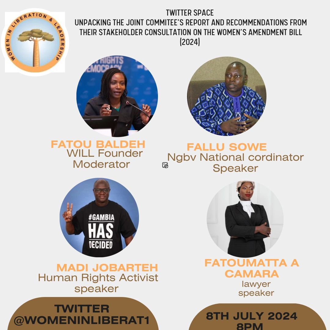 The Health &amp; Gender Committee will present their findings and recommendations on the Women Amendment Bill 2024 which seeks to lift a ban on #FGM/C in The Gambia. 

This evening we are bringing leading women and human rights activists to unpack the report! 

<a href="/AFatoumatta/">Matta_AC</a>