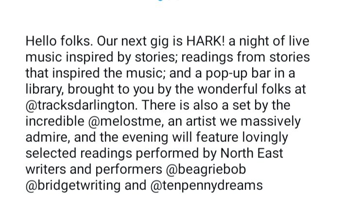 Very much looking forward to our next gig with @melostme for <a href="/TracksDarlo/">Tracks</a> HARK! <a href="/BobBeagrie/">Bob Beagrie</a>