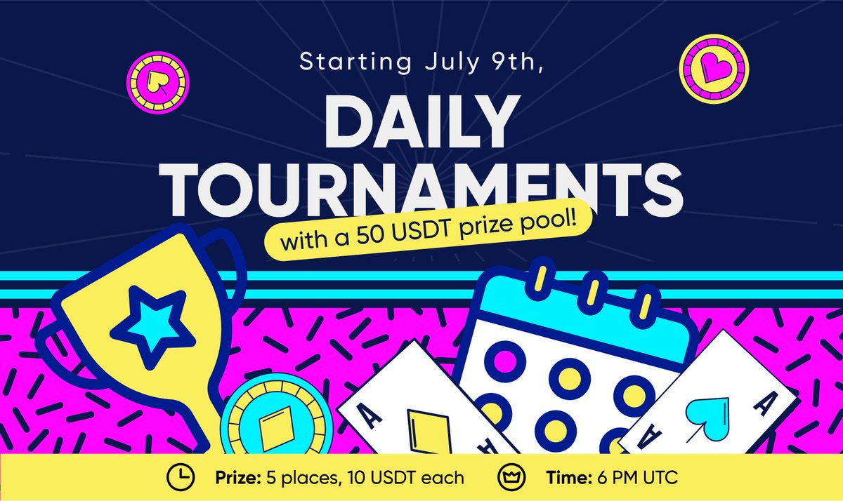 🎉 Starting July 9th, we're launching daily tournaments with a 50 USDT prize pool! 
• Time: 6 PM 
Play your 50 hands and win big! No need to win the hands, just play! Don't miss out! 🎉💰 #MemePoker #DailyTournaments