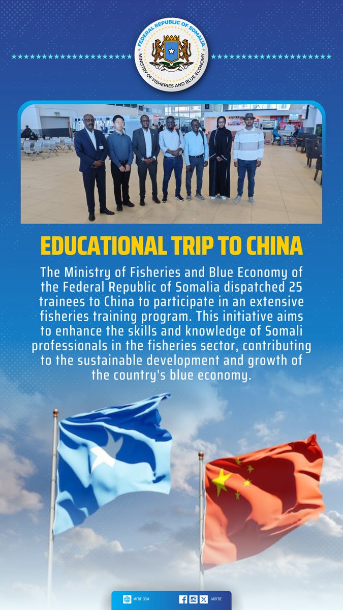 We're grateful to #China for supporting our fisheries sector. #Somali trainees are embarking on an extensive fisheries training program in #China, equipping them with vital skills and knowledge. <a href="/MFBESomalia/">Wasaaradda Kalluumeysiga iyo Dhaqaalaha Buluugga.</a> <a href="/ChineseSomalia/">Chinese Embassy in Somalia</a> #BlueEconomy
