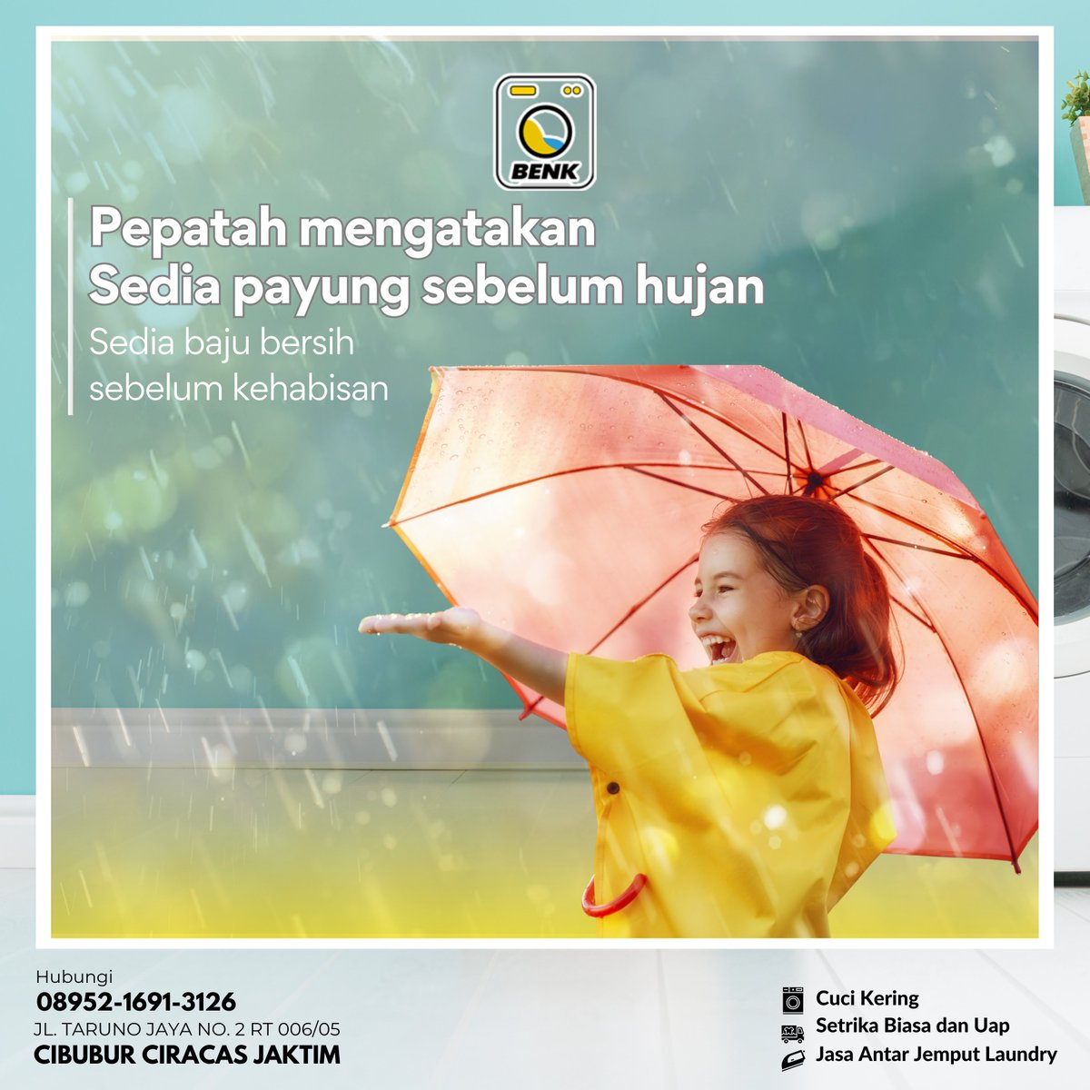 benkloundry's tweet photo. Hujan deras tak perlu dirisaukan, payung sudah di tangan.
Baju kotor menumpuk ngga perlu pusing. Bawa aja ke Benk Laundry

#Juli #Senin #CuciKilat #LaundrySatuan #LaundryMurah #LaundryExpress #LaundryBedCover #DryClean #UsahaLaundry #LaundryJakarta #BenkLaundry https://t.co/xNjZ7iMVvD