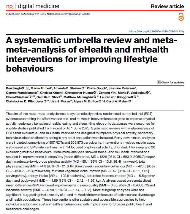 A meta-meta-analysis shows e- &amp; m-Health interventions improve #physicalactivity, sedentary behavior, #diet, bodyweight &amp; #sleep. These scalable interventions offer significant benefits across diverse populations, enhancing public health.

nature.com/articles/s4174…