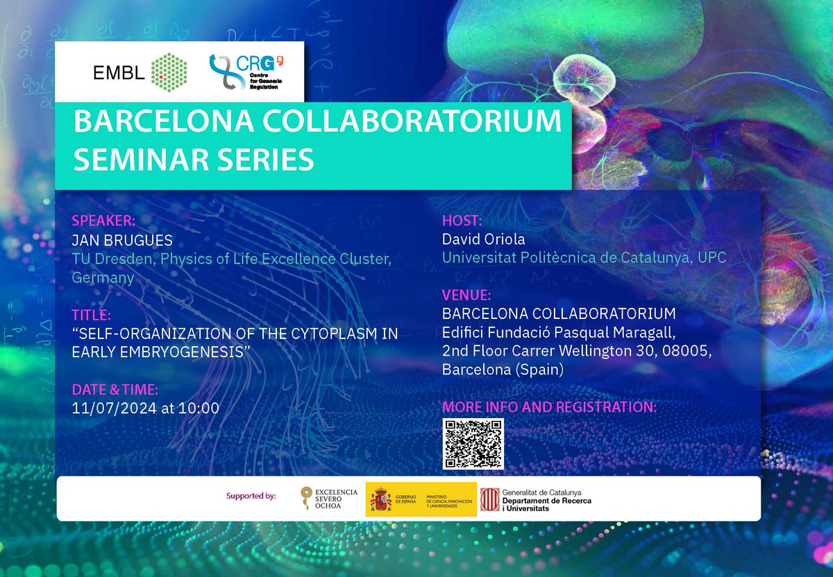 Barcelona Collaboratorium (@bcncollab) on Twitter photo The last Collaboratorium Seminar Series before the summer break will be given by <a href="/janbrugues/">jan brugues</a> from <a href="/PoLDresden/">Physics of Life Dresden</a>
🗣️"Self-organization of the cytoplasm in early embryogenesis"
📅11/07/24 - 10:00
➕info & registration: tinyurl.com/3y837xke
Host: @davidhbp The last Collaboratorium Seminar Series before the summer break will be given by <a href="/janbrugues/">jan brugues</a> from <a href="/PoLDresden/">Physics of Life Dresden</a>
🗣️"Self-organization of the cytoplasm in early embryogenesis"
📅11/07/24 - 10:00
➕info & registration: tinyurl.com/3y837xke
Host: @davidhbp