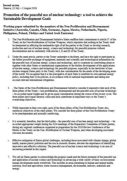 TheNPDI's tweet photo. @TheNPDI hereby presents its 2024 working paper on the promotion of the peaceful use of nuclear technology: a tool to achieve the Sustainable Development Goals. Contributing to the 2024 #NPT PrepCom, the paper has been submitted to the Conference and will be published soon https://t.co/WdokBEBvh8
