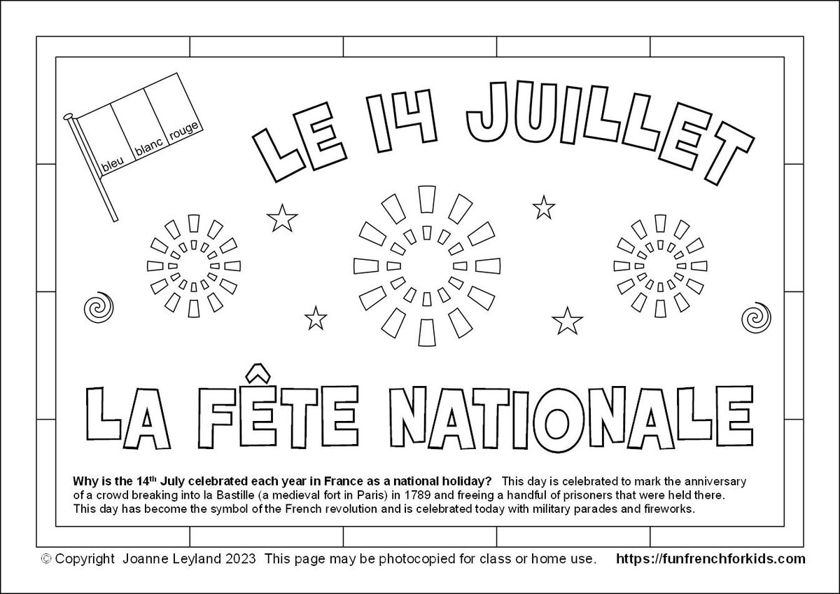 There's a free le 14 juillet pdf to download on my website funfrenchforkids.com/activities and the activity sheet may be photocopied for class or home use.  #FrenchKS2 #FrenchKS3 #FunFrenchForKids #le14juillet #Frenchpdf #LearnFrench #TeachFrench #FrenchForChildren #FrenchTeacher #France