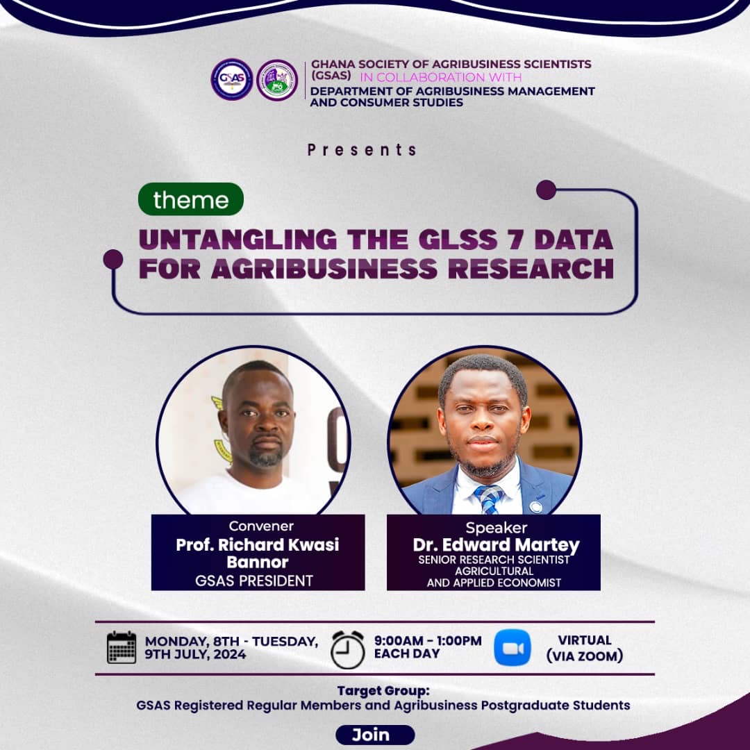 ghgsas's tweet photo. ▶️ Our first in the series of webinars for July is underway with Dr. Edward Martey of CSIR-SARI.

💻 Topic: “Untangling The GLSS7 Data For Agribusiness Research”

🌐 Join here : https://t.co/pGkjtezW8v

#gsas #agribusinessresearch #agribusiness https://t.co/WQtyJ3H6Tc