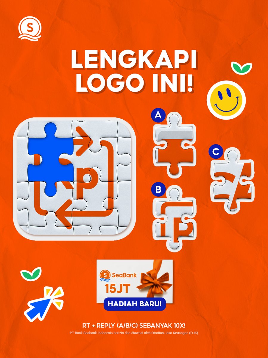 SeaBankID's tweet image. 🧩LENGKAPI LOGO DI BAWAH INI!🧩

Lengkapi logo di bawah ini untuk dapetin kesempatan menang HADIAH SALDO 15 JUTA! 💰

RT &amp;amp; REPLY (A/B/C) SEBANYAK 10x! 🧡