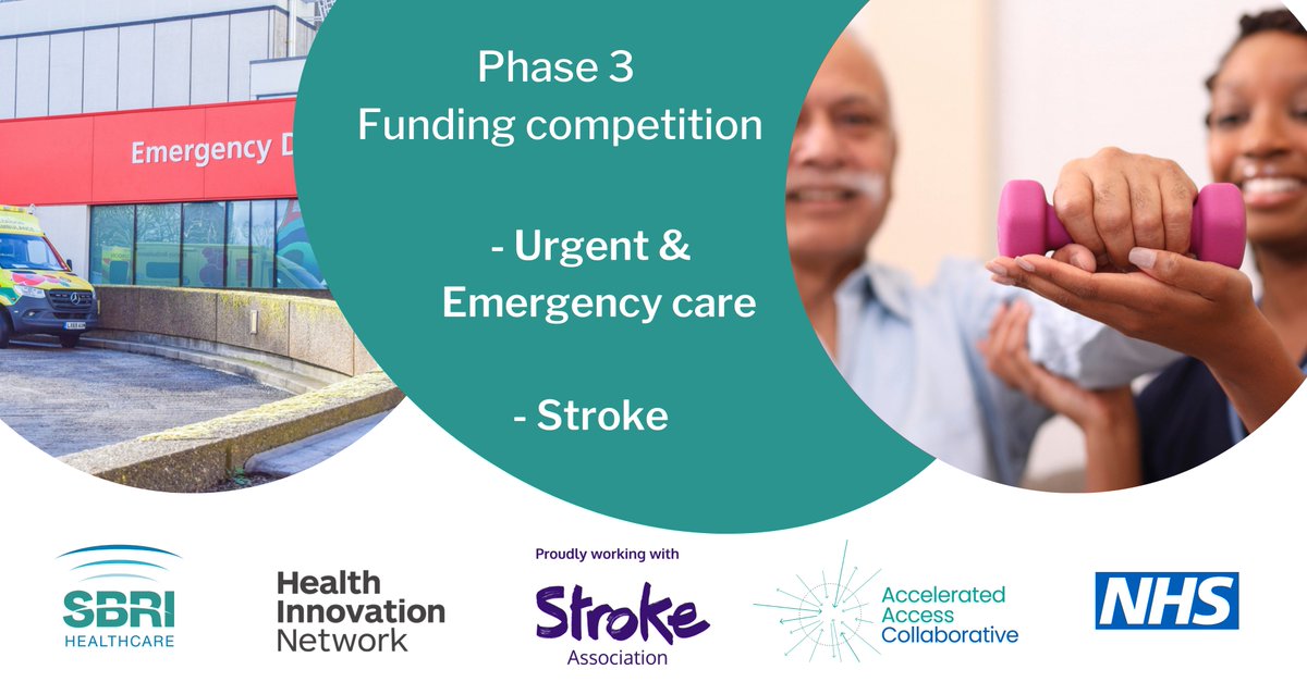 SBRI Healthcare is delighted to announce a new funding competition.  

Competition 26, Phase 3, Urgent &amp; Emergency Care, and Stroke: 

Contracts of up to £500,000 (NET) for max 12 months for the collection of real-world evidence.

Apply 31 July – 18 Sep

sbrihealthcare.co.uk/competitions/o…