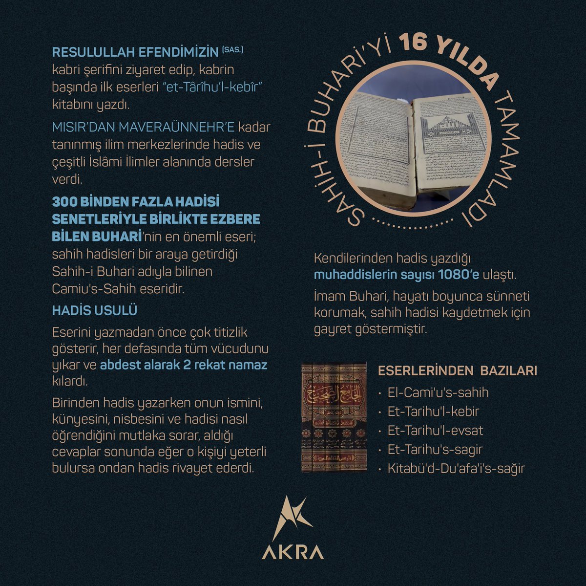 İmam-ı Buhâri, Sahih hadisleri ilk defa bir araya getiren, Hadis alimlerinin önderidir.

300 binden fazla hadisi senetleriyle birlikte ezbere bilen Buhari’nin en önemli eseri; sahih hadisleri bir araya getirdiği Sahih-i Buhari adıyla bilinen Camiu's-Sahih eseridir.

#BUHARI