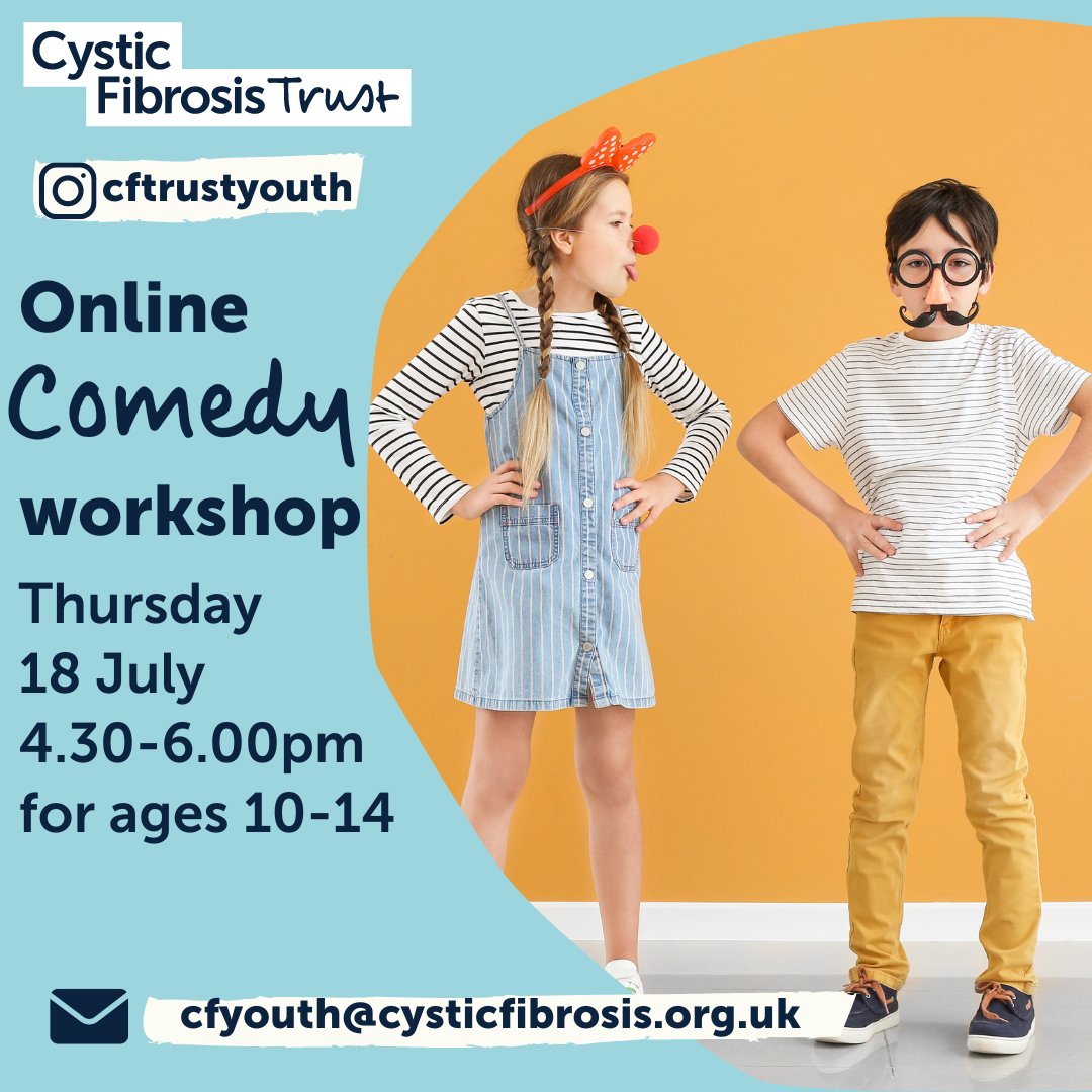 Cystic Fibrosis Trust (@cftrust) on Twitter photo ✨Join other children aged 10-14 with CF for an evening of laughs and mayhem with our comedy teacher Sam! Siblings are welcome to sign up and children are welcome to call in from hospital.✨
👉Thursday 18th July from 4.30-6pm.
👉Email cfyouth@cysticfibrosis.org.uk to sign up. ✨Join other children aged 10-14 with CF for an evening of laughs and mayhem with our comedy teacher Sam! Siblings are welcome to sign up and children are welcome to call in from hospital.✨
👉Thursday 18th July from 4.30-6pm.
👉Email cfyouth@cysticfibrosis.org.uk to sign up.