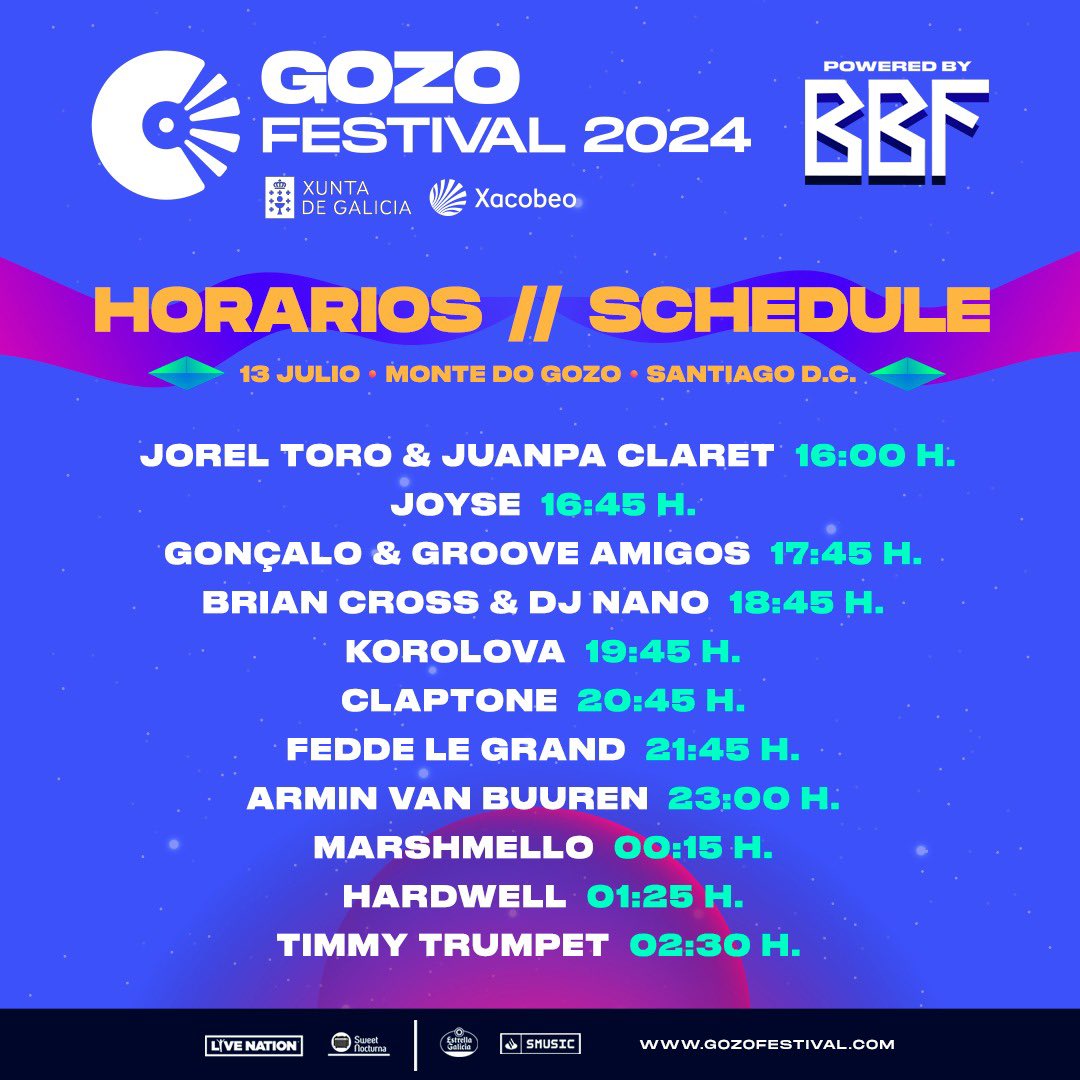 Aquí están los horarios de O Gozo Festival - BBF para este sábado 13 de julio 😎☀️

#XuntadeGalicia #Xacobeo <a href="/Turgalicia/">Turismo de Galicia</a> <a href="/LiveNationES/">Live Nation España</a> <a href="/SweetNocturnaES/">Sweet Nocturna</a> #ogozofestival2024 #bbffestival