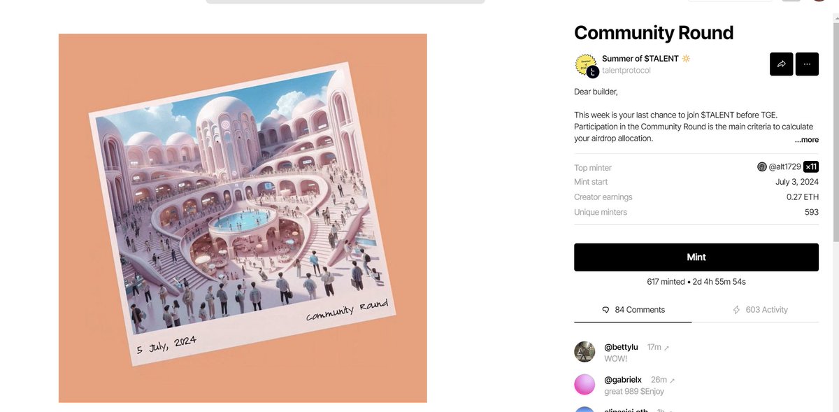 ✅️Summer $TALENT - Community Round

Ae săn Airdrop $TALENT, Base, Zora $BUILD thì cố mint nhé không thì bỏ qua...

⚡️ Link MINT (zora.co/collect/base:0…) ⚡️