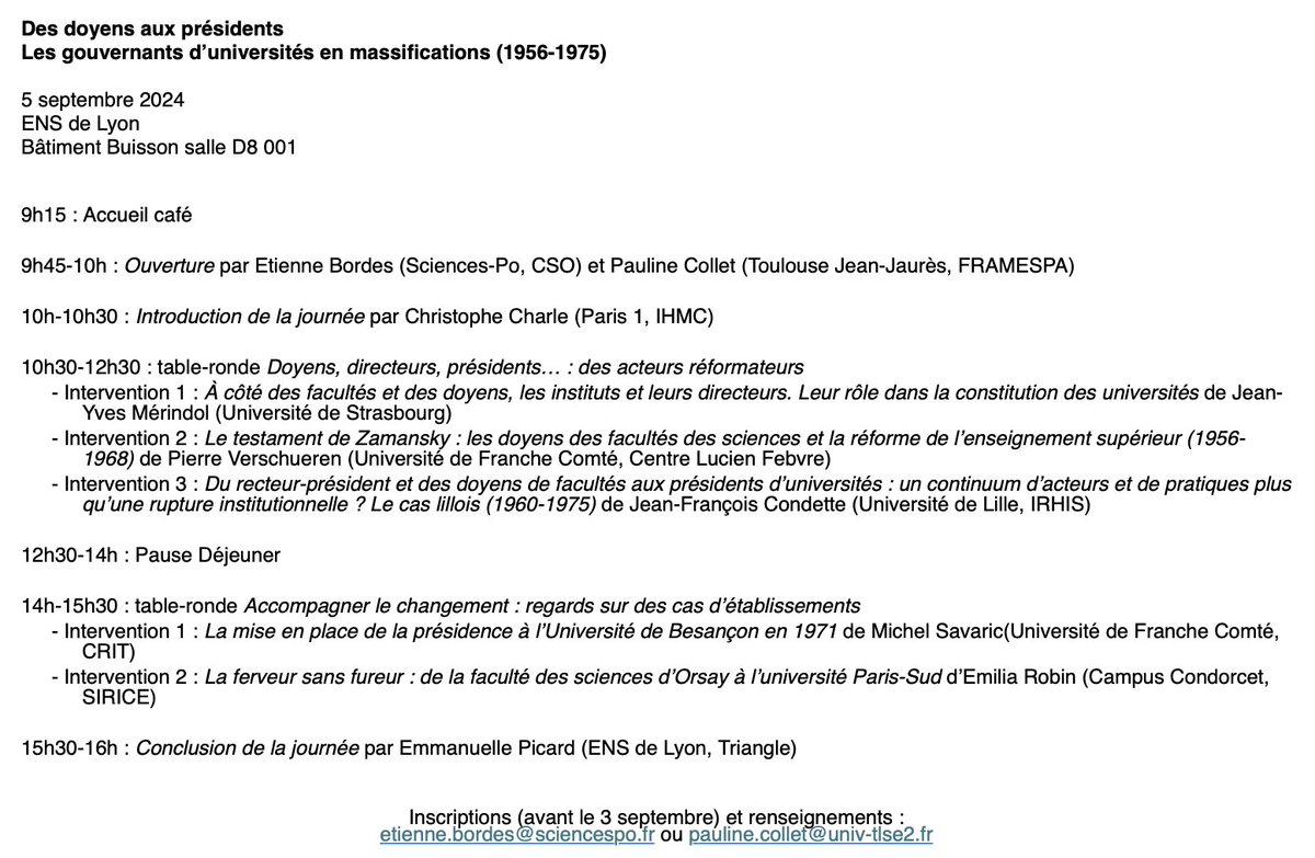 [#socioelites] Journée d'étude "Des doyens aux présidents. Les gouvernants d’universités en massifications (1956-1975)"
📅05.09.24
📌 @ENSdeLyon - Bâtiment Buisson, salle D8 001
Avec, entre autres : <a href="/PaulineCollet15/">Pauline Collet</a>, <a href="/p_verschueren/">Pierre Verschueren 🐘☁️ (lol un éléphant qui pète)</a>, <a href="/EmiliaRobinHist/">Emilia Robin</a>, <a href="/mel_picard/">Emmanuelle Picard</a>
