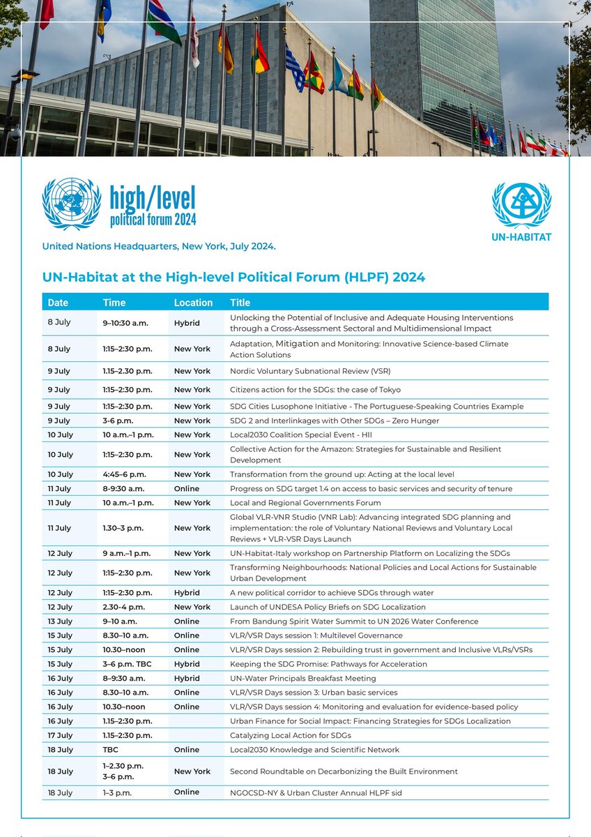 🔵 Descubre todos los eventos del #HLPF en los que participa <a href="/UNHABITAT/">UN-Habitat</a> 👇