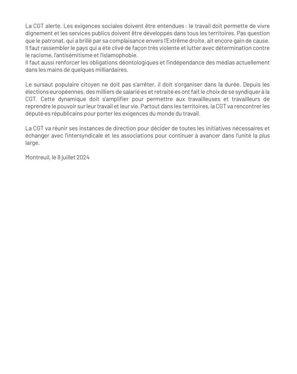 🗣️ La démocratie et la République ont gagné face à l’extrême-droite !

La #CGT demande solennellement à Emmanuel Macron de respecter le choix des urnes et d'appeler à la formation d'un nouveau gouvernement autour du programme du Nouveau Front Populaire qui est arrivé en tête.