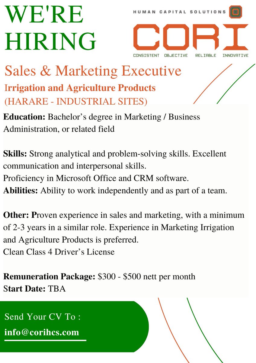We’re recruiting for a creative, analytical and self-driven Sales &amp; Marketing Executive to join a growing brand with international exposure.
Interested candidates to send their cvs to info@corihcs.com. Applications close 15th July, 2024. 

corihcs.com/job-listings
#jobszimbabwe
