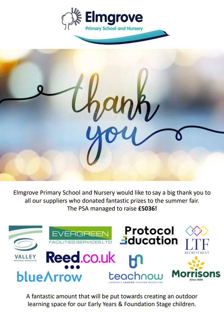 Elmgrove Primary (@elmgroveharrow) on Twitter photo We would like to say a big thank you to all our suppliers who donated fantastic prizes to the summer fair. The PSA managed to raise £5036!
<a href="/LTFRecruitment/">LTF Recruitment</a> <a href="/reedcouk/">Reed.co.uk</a> @bluearrowgroup <a href="/Morrisons/">Morrisons</a> <a href="/vipcleanltd/">Valley Industrial Products Ltd</a> <a href="/EvergreenFSLtd/">Evergreen Facilities Services Ltd</a> <a href="/ProtocolEd/">Protocol Education</a> TeachNow We would like to say a big thank you to all our suppliers who donated fantastic prizes to the summer fair. The PSA managed to raise £5036!
<a href="/LTFRecruitment/">LTF Recruitment</a> <a href="/reedcouk/">Reed.co.uk</a> @bluearrowgroup <a href="/Morrisons/">Morrisons</a> <a href="/vipcleanltd/">Valley Industrial Products Ltd</a> <a href="/EvergreenFSLtd/">Evergreen Facilities Services Ltd</a> <a href="/ProtocolEd/">Protocol Education</a> TeachNow