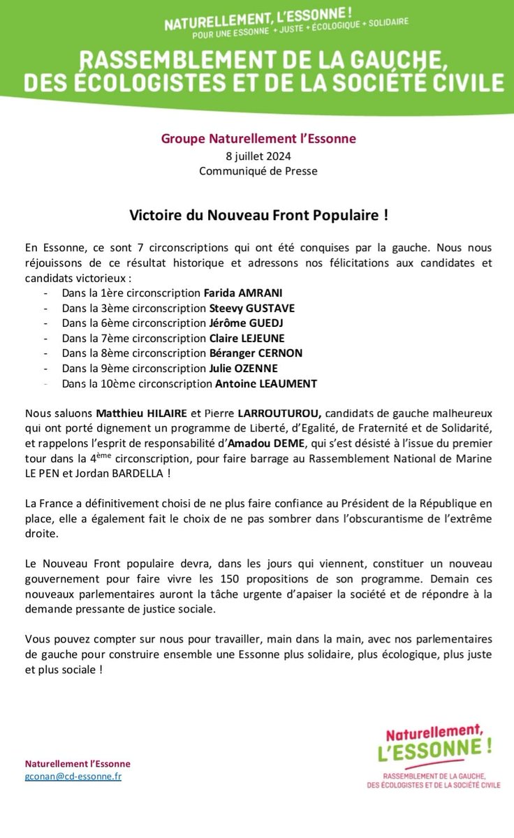 Naturellement91's tweet photo. En Essonne comme en France, la victoire du Nouveau Front Populaire ! https://t.co/bdseqVVJhh