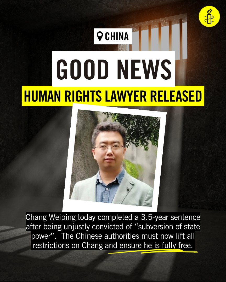 Chang Weiping was today released from jail, but many other Chinese human rights defenders have faced surveillance and harassment even after being "freed". 

The Chinese government must ensure Chang does not face further restrictions outside prison.