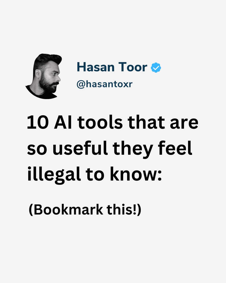 hasantoxr's tweet image. 10 AI tools that are so useful they feel illegal to know:

(🔖 Bookmark now!)