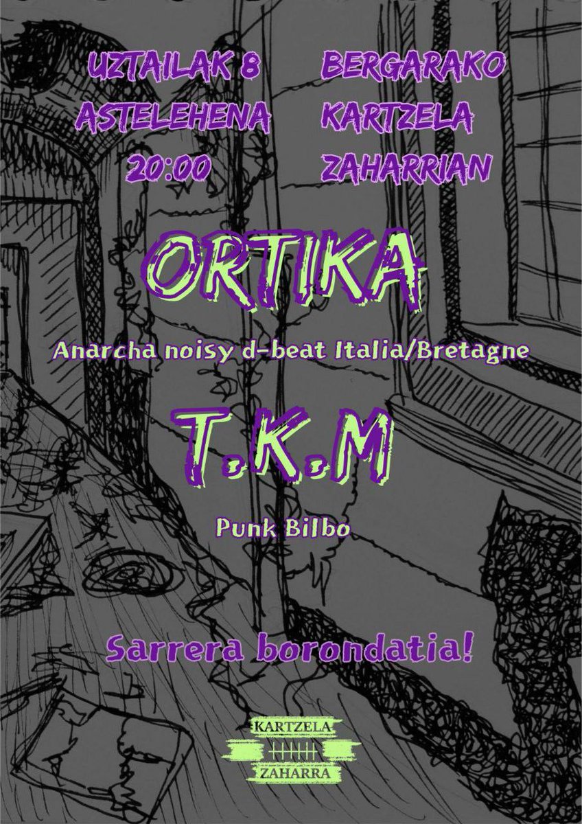 Ezohiko hitzordua! Gaur astelehena 20:00etan Kartzela Zaharrean
Ezohiko aukera! Italia eta Bretagnatik datorren Ortika taldea eta TKM bilbotik!