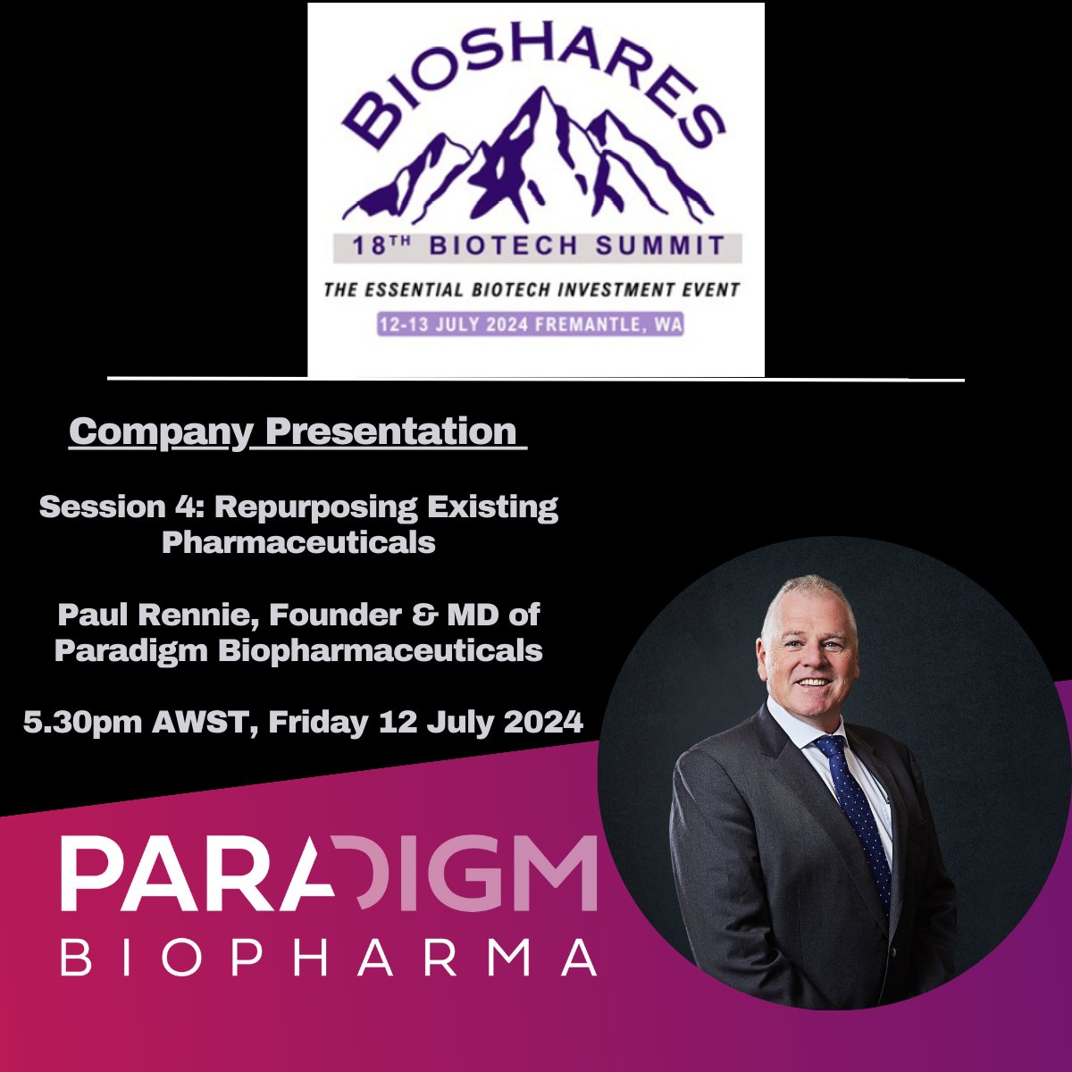 Managing Director, Paul Rennie, will be presenting at the upcoming 18th Bioshares Biotech Summit on Friday 12 July, in Fremantle, Western Australia.

$PAR #KneeOA #osteoarthritis #pentosan #PPS