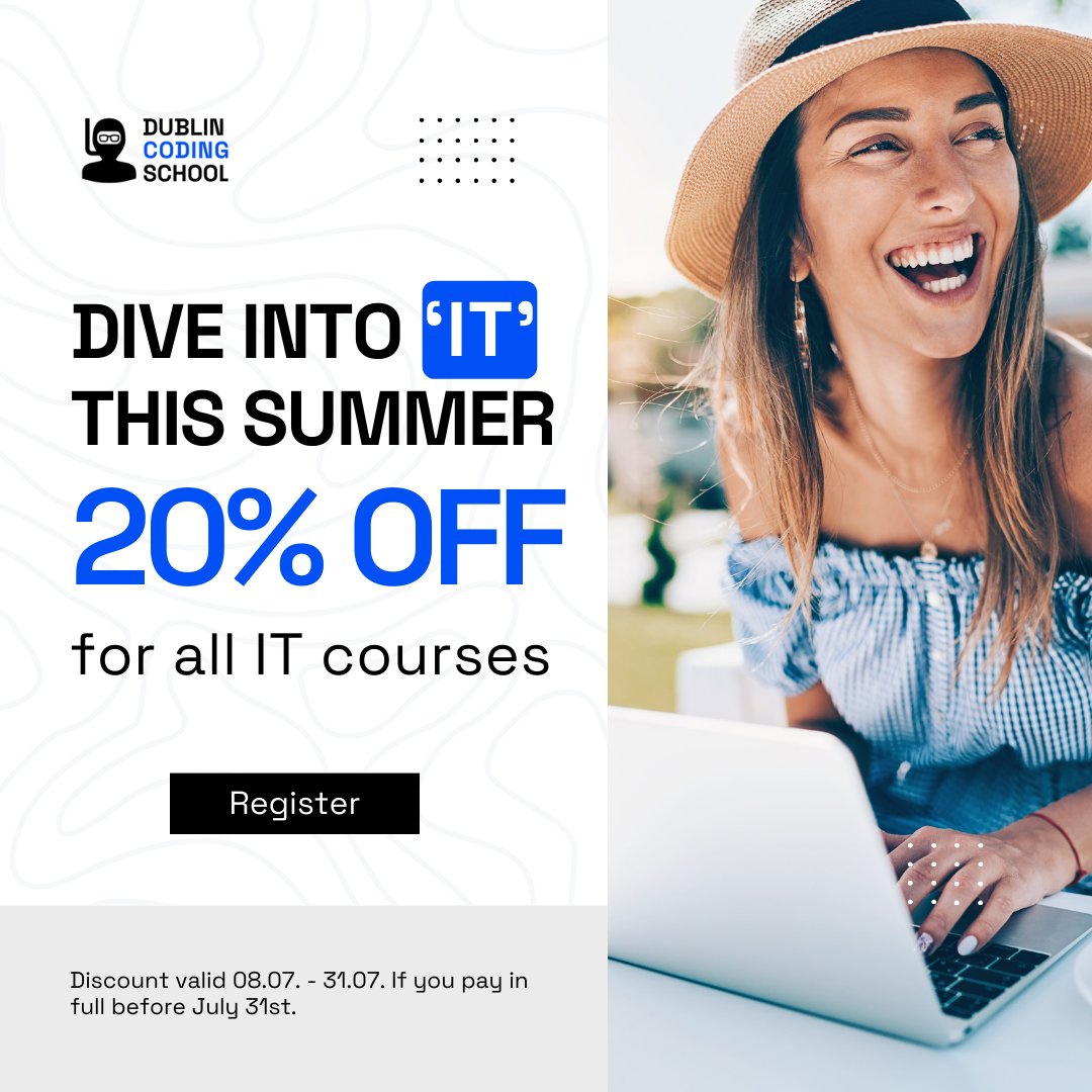 DublinCoding's tweet image. 🌞 Dive into IT this summer! 🖥️ Enjoy 20% OFF all IT courses at Dublin Coding School when you pay in full before July 31st. Don&apos;t miss out on upgrading your skills with expert-led training! 🚀

Register dublincoding.ie/all-courses/

#dublincodingschool #summersale #itcourses #skills