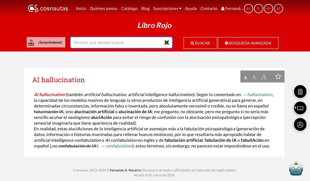 Fernando A. Navarro (@navarrotradmed) on Twitter photo <a href="/CursosVeranoUCM/">Cursos de Verano UCM</a> <a href="/ILIA_CSIC/">Elea Giménez Toledo</a> <a href="/ESCiencia_CSIC/">ES-CIENCIA CSIC</a> <a href="/PilaRicoCastro/">Pilar Rico-Castro</a> <a href="/FundacionLilly/">Fundación Lilly</a> #JornadaMEDES
¿Sabían que la IA generativa🤖 está presente en el ‘Diccionario de dudas y dificultades de traducción del inglés médico’📕 de <a href="/cosnautas/">Cosnautas</a>?
➡️ cosnautas.com/es/catalogo/di… <a href="/CursosVeranoUCM/">Cursos de Verano UCM</a> <a href="/ILIA_CSIC/">Elea Giménez Toledo</a> <a href="/ESCiencia_CSIC/">ES-CIENCIA CSIC</a> <a href="/PilaRicoCastro/">Pilar Rico-Castro</a> <a href="/FundacionLilly/">Fundación Lilly</a> #JornadaMEDES
¿Sabían que la IA generativa🤖 está presente en el ‘Diccionario de dudas y dificultades de traducción del inglés médico’📕 de <a href="/cosnautas/">Cosnautas</a>?
➡️ cosnautas.com/es/catalogo/di…