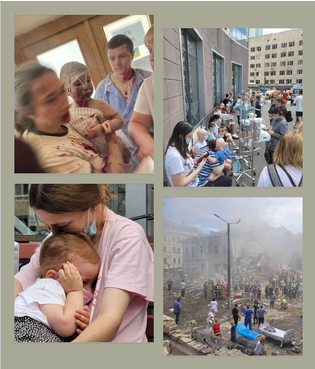 Children are outside of highly specialised hospital, which was heavily damaged &amp;partially destroyed by russians today in Kyiv.
doctors try to continue treatments.
This is a unique hospital, which provided acute care, that cannot be provided elsewhere.
#Ukraine needs air defence!