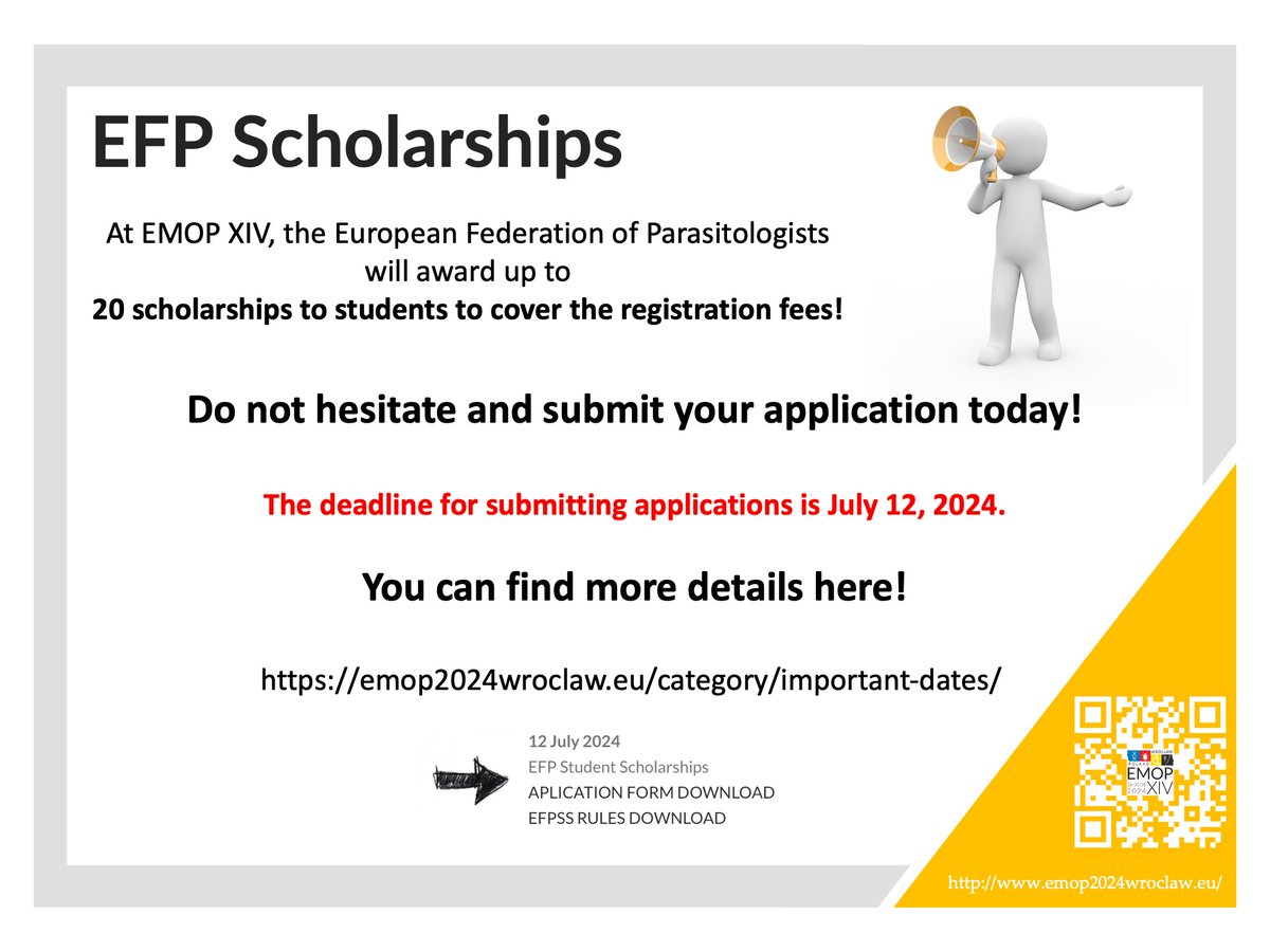 IMPORTANT!

At EMOP XIV, the European Federation of Parasitologists will award up to 20 scholarships for students to cover registration fees!

Do not hesitate and submit your application today!

The deadline is July 12, 2024.

See
emop2024wroclaw.eu/category/impor…